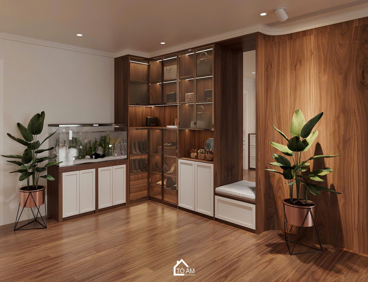 Phòng khách sang trọng, ấm cùng và đầy đủ tiện nghi - Thiết kế 3D chung cư 4 ngủ Mulberry Land - Tổ Ấm Design