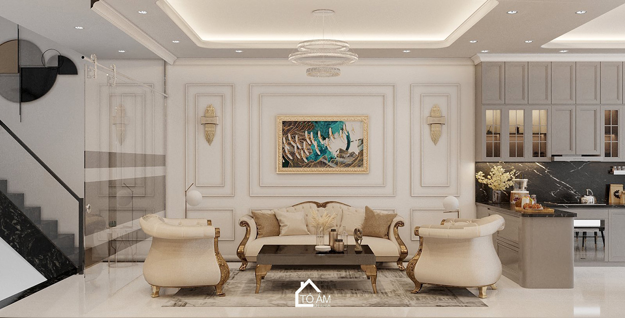 Phòng khách Neo Classic trong thiết kế 3D nhà phố 5 tầng Móng Cái - Tổ Ấm Design