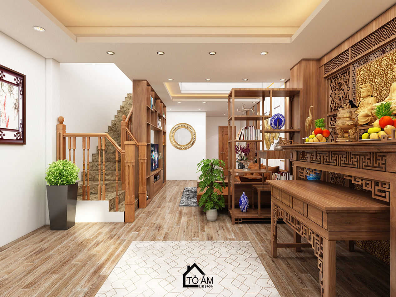 Ảnh 3D thiết kế nhà phố hiện đại tại Thường Tín – Tổ Ấm Design – không gian phòng khách sang trọng, tinh tế với chất liệu gỗ Óc Chó