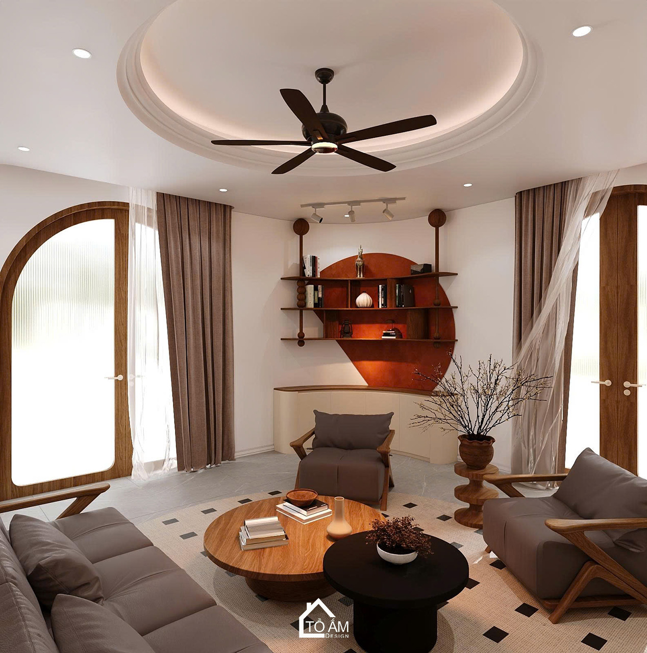 Phòng khách ấm áp phong cách Wabisabi Japandi – Thiết kế 3D nhà phố Japandi Đông Anh - Tổ Ấm Design
