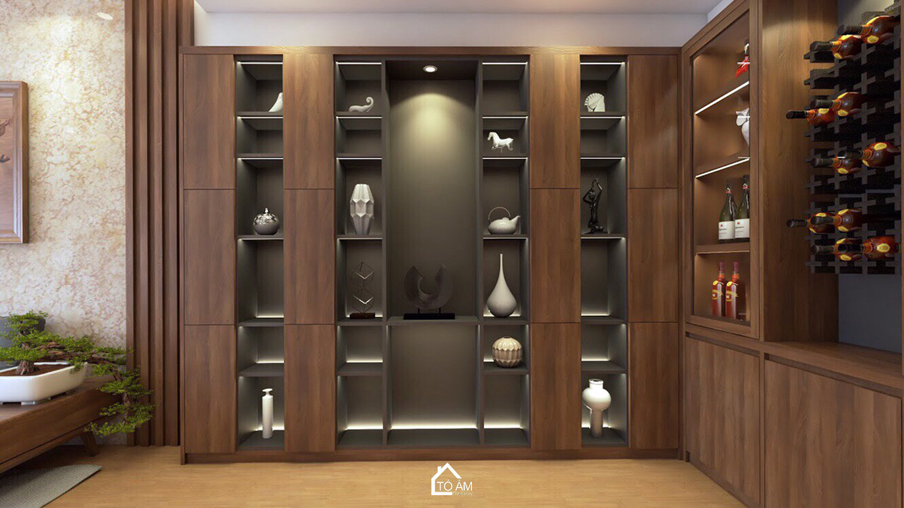 Tủ rượu âm tường gỗ Óc Chó hiện đại – Thiết kế 3D chung cư 2 ngủ - Tổ Ấm Design