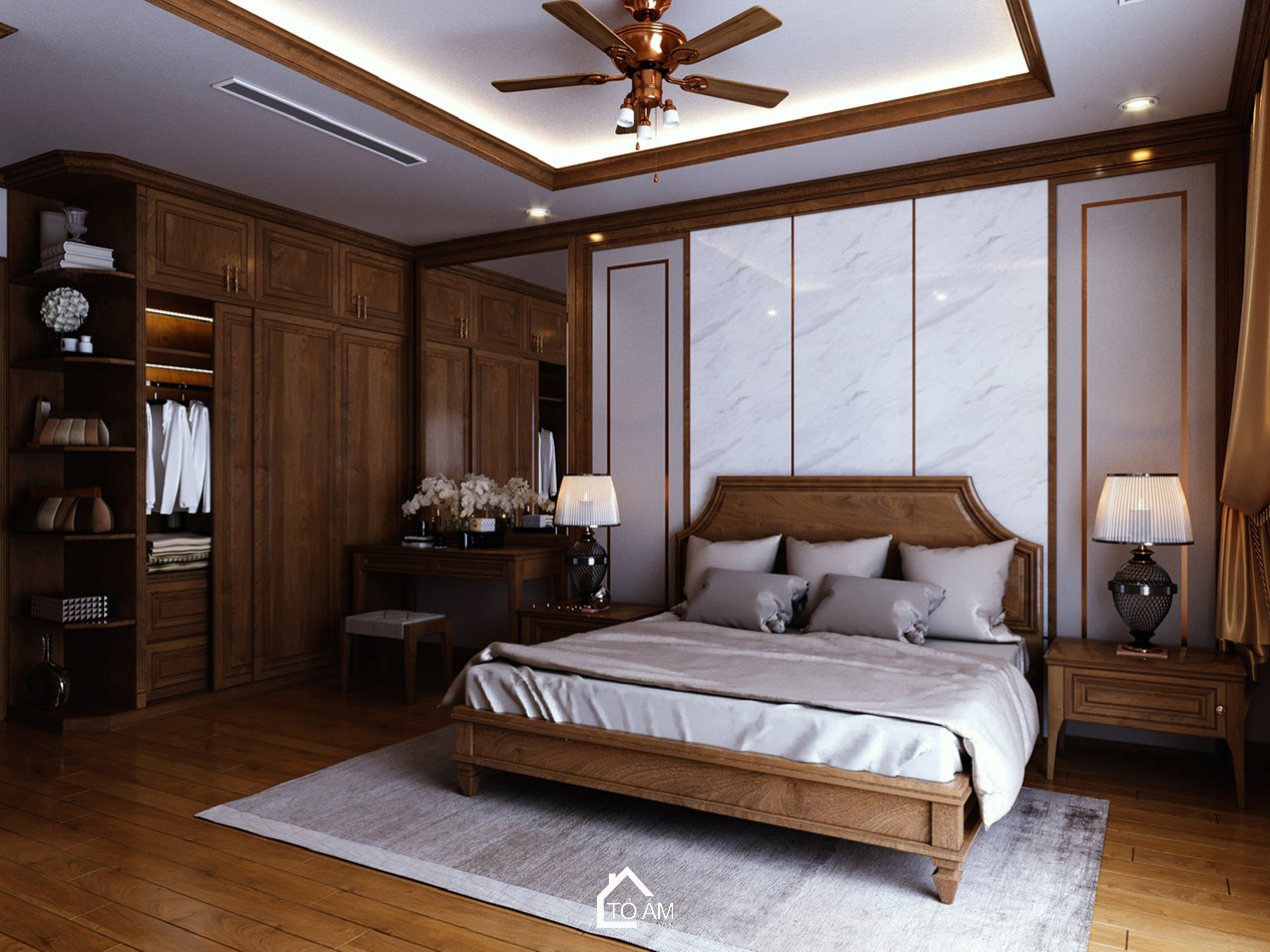 Phòng ngủ master gỗ Gõ Đỏ tự nhiên phong cách tân cổ điển – Thiết kế 3D chung cư 1 ngủ Cầu Giấy - Tổ Ấm Design