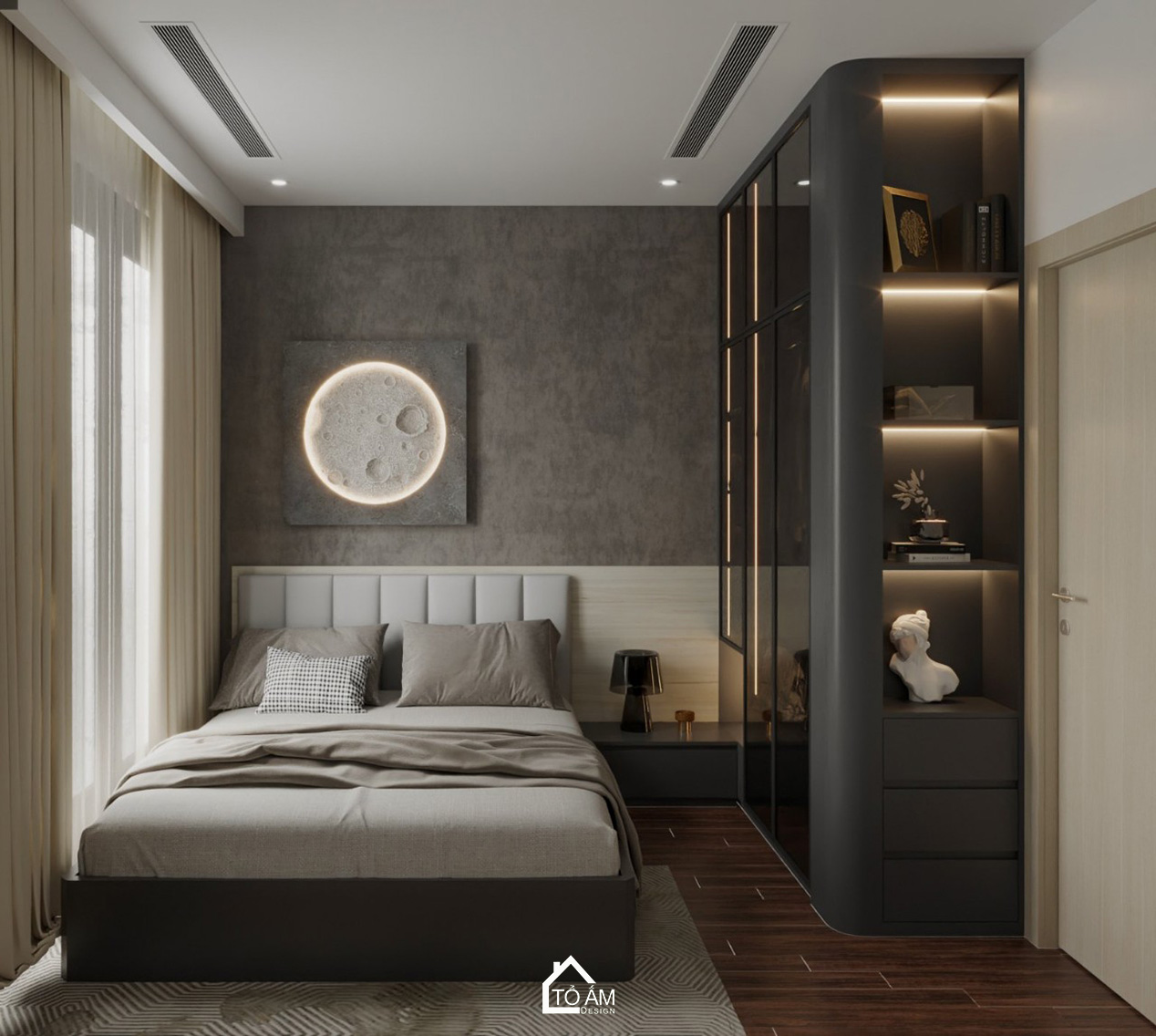 Phòng ngủ hiện đại và ấm áp – Thiết kế 3D chung cư cho người độc thân - Tổ Ấm Design