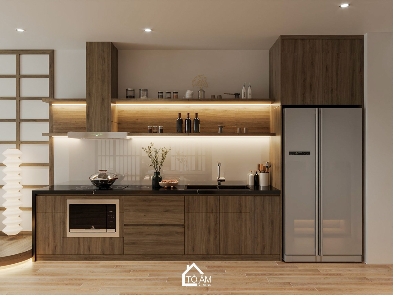 Thiết kế 3D phòng bếp tối giản, tiện nghi phong cách Nhật Eco Park - Thiết kế 3D chung cư 2 ngủ kiểu Nhật Eco Park - Tổ Ấm Design
