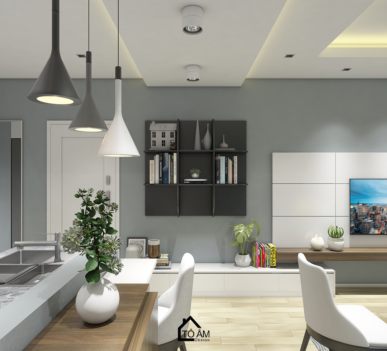 Không gian bếp hiện đại, tủ bếp Melamin và đá Vicostone – Thiết kế 3D chung cư 2 ngủ Hoàng Mai - Tổ Ấm Design