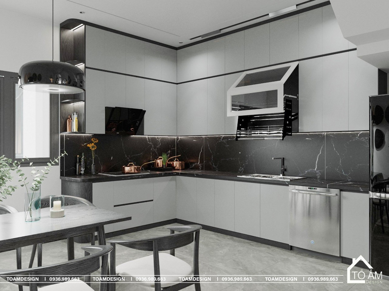 Phòng bếp sang trọng trong thiết kế 3D nhà phố 4 tầng Lạng Sơn - Tổ Ấm Design