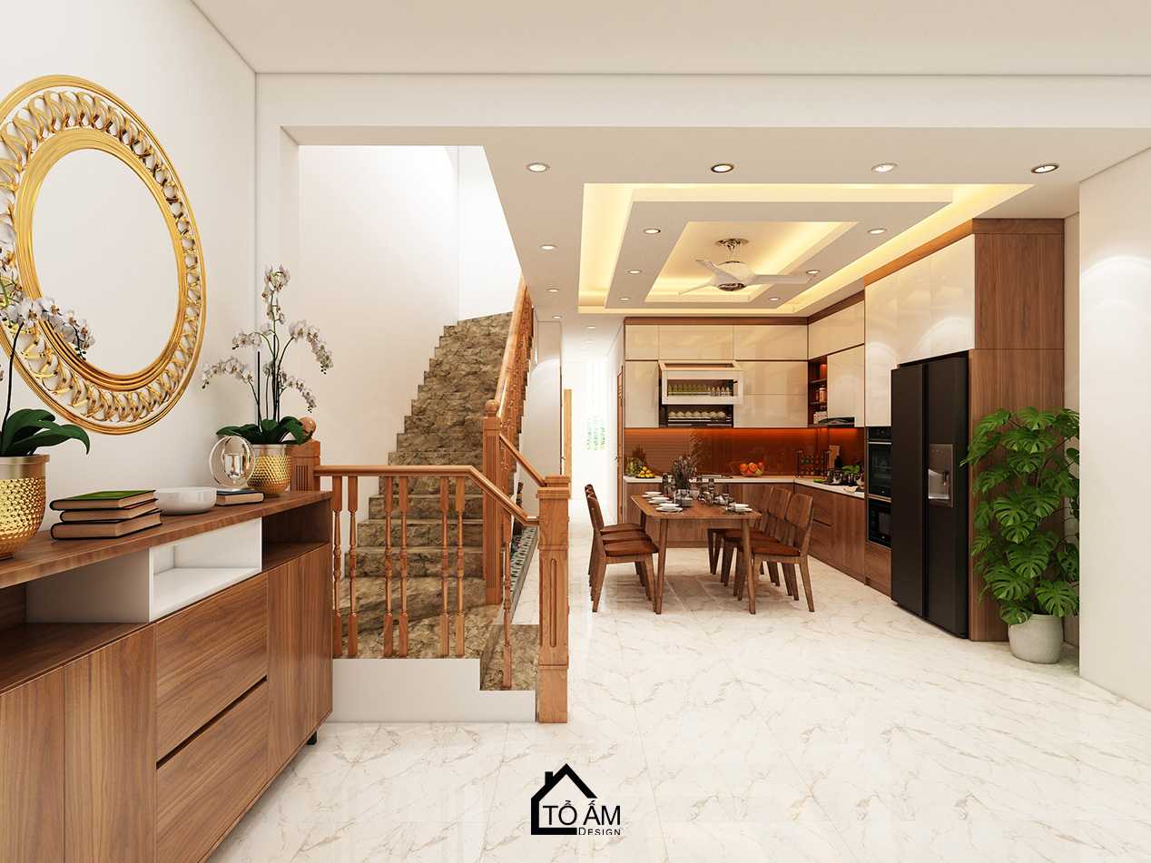 Ảnh 3D thiết kế nhà phố hiện đại tại Thường Tín – Tổ Ấm Design – không gian phòng bếp sang trọng, tinh tế với chất liệu gỗ Óc Chó