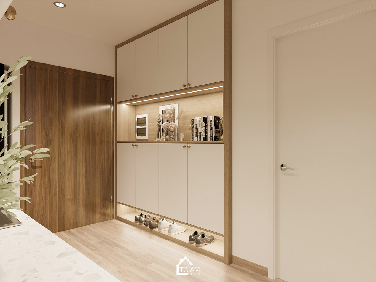 Thiết kế 3D phòng khách – bếp pastel chung cư 2 ngủ chữa lành - Tổ Ấm Design