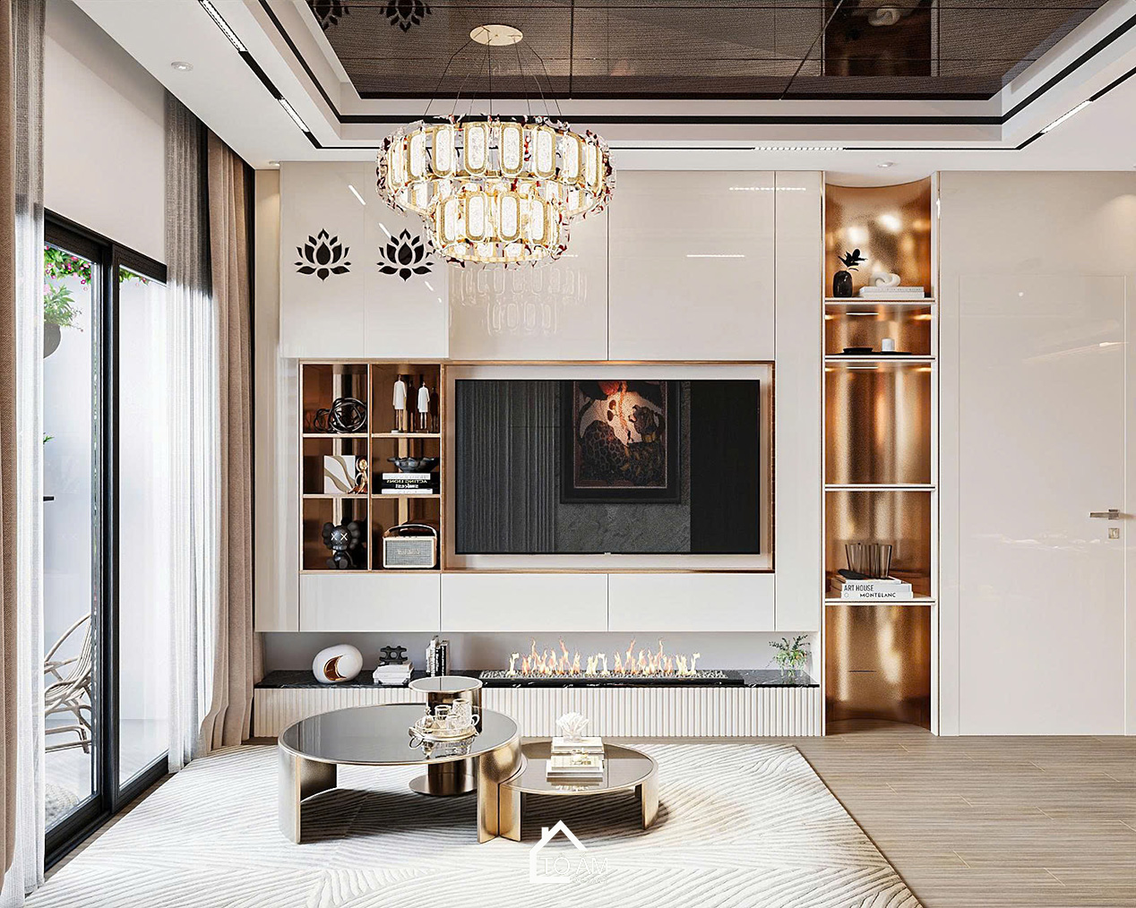 Thiết kế 3D phòng khách – bếp chung cư Ocean Park phong cách Modern Luxury - Thiết kế 3D chung cư 2 ngủ có phòng làm việc Ocean Park - Tổ Ấm Design