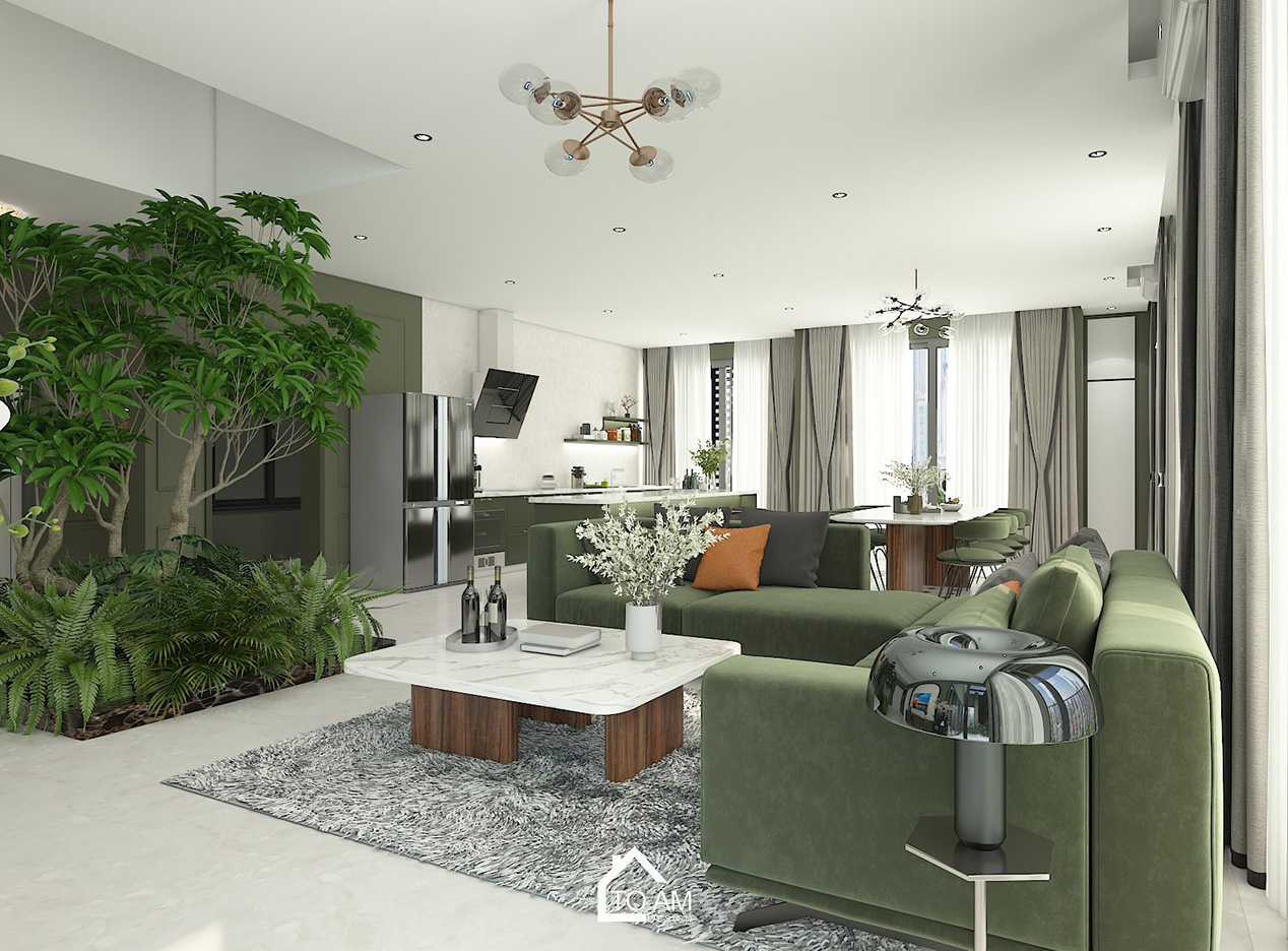 Ảnh 3D phòng khách – bếp phong cách Japandi với tone xanh lá chủ đạo tại Tiên Yên - Tổ Ấm Design