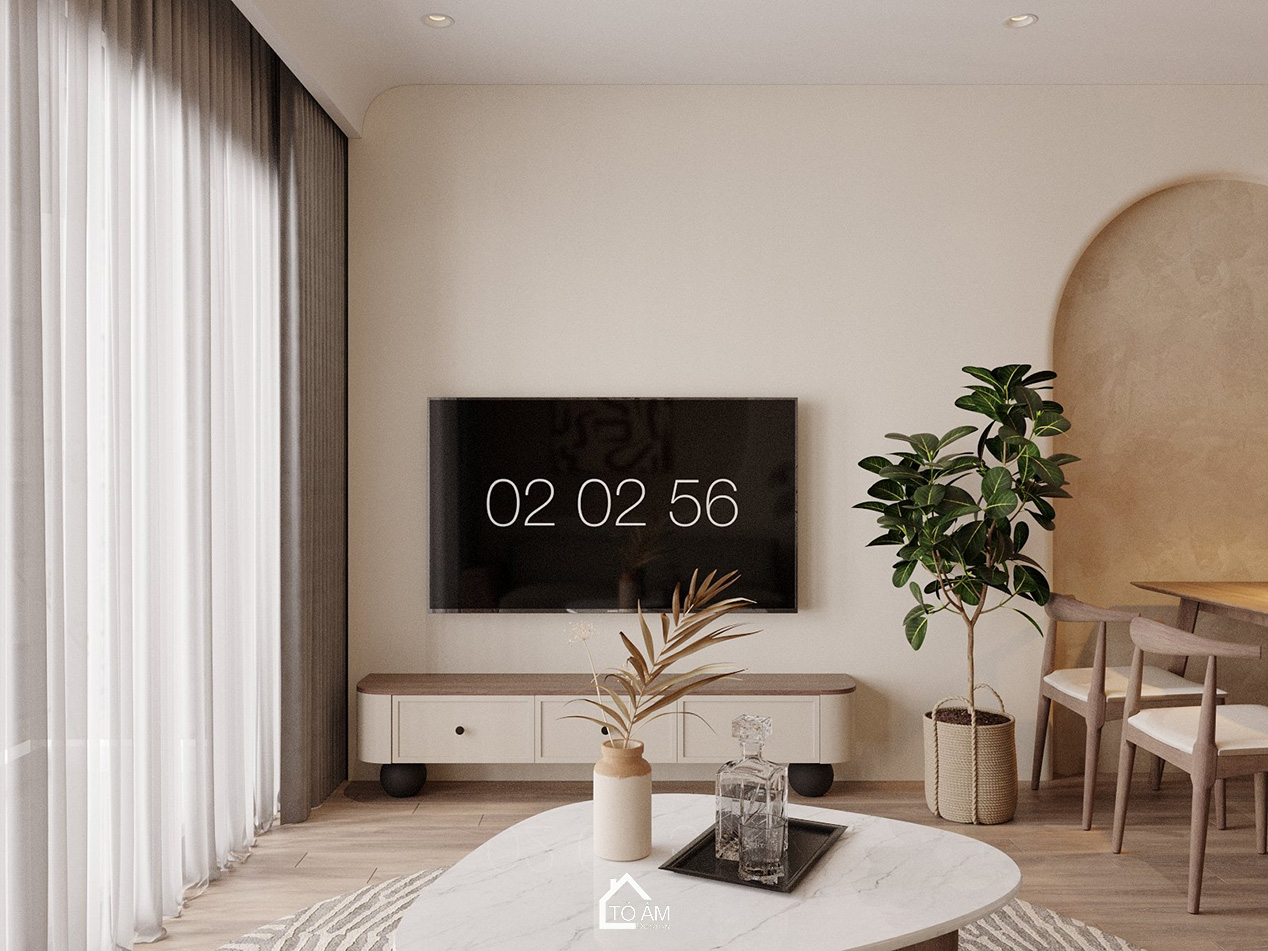 Thiết kế 3D phòng khách bếp nhà phố 6 tầng Hoàng Cầu – phong cách hiện đại Wabisabi, màu gỗ ấm áp - Tổ Ấm Design