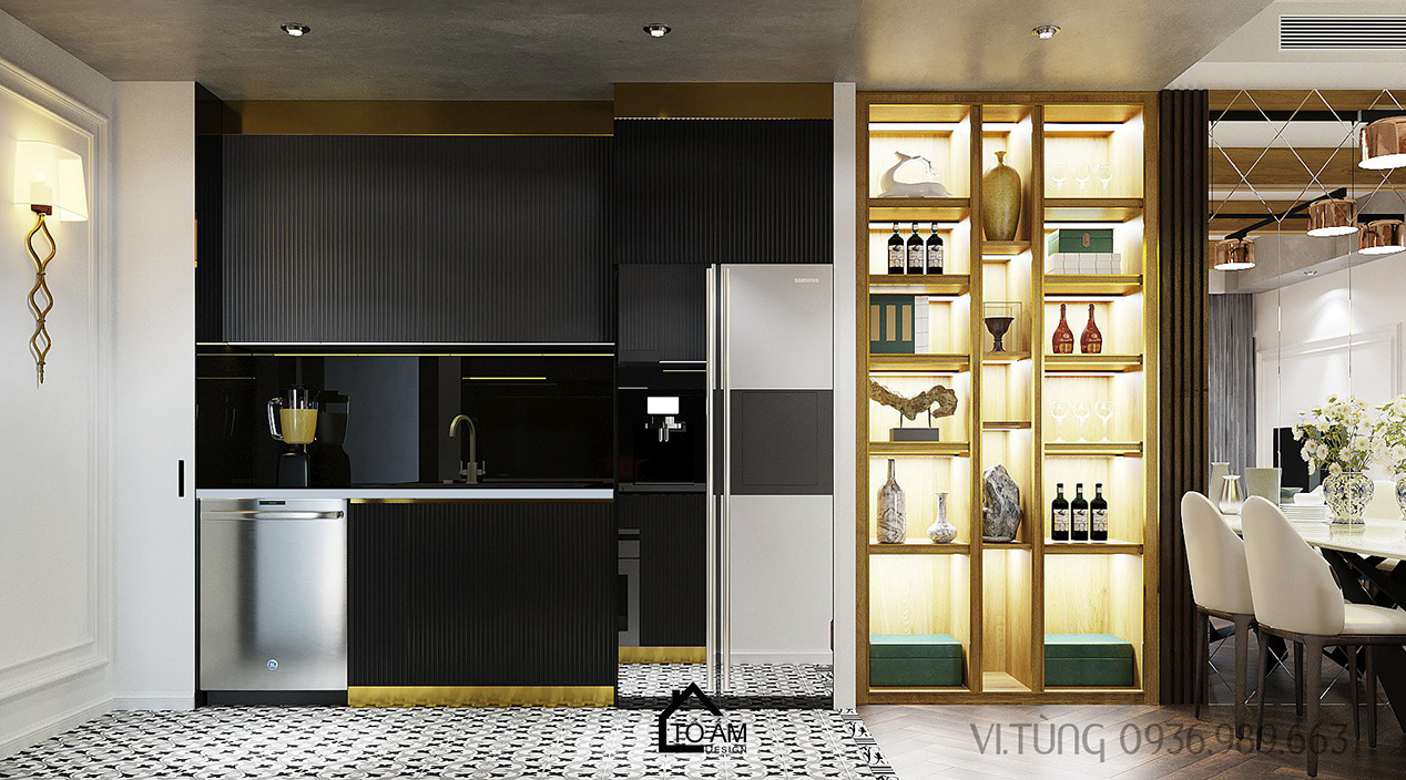 Không gian bếp sang trọng, phối màu đen – vàng ánh kim – Thiết kế 3D chung cư 2 ngủ Times City - Tổ Ấm Design
