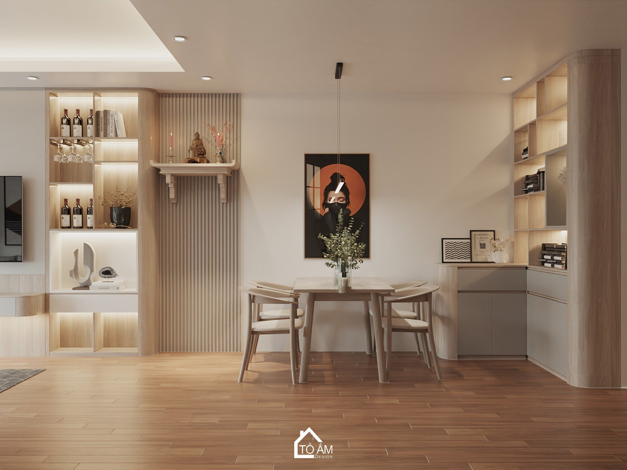 Không gian phòng khách – bàn ăn chung cư 3 ngủ ấm cúng - Thiết kế 3D phòng khách chung cư Ecolake View – Tổ Ấm Design