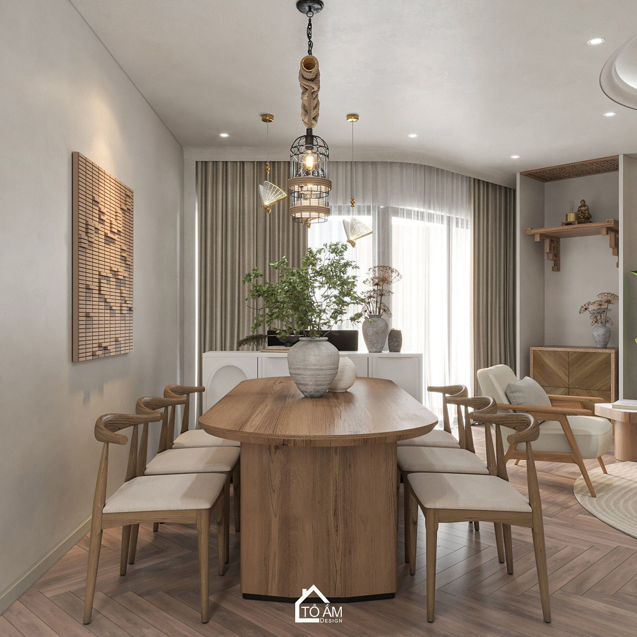 Phòng khách wabisabi tone be gỗ chung cư 173 Xuân Thủy – Thiết kế 3D chung cư 3 ngủ phong cách Wabisabi – Tổ Ấm Design