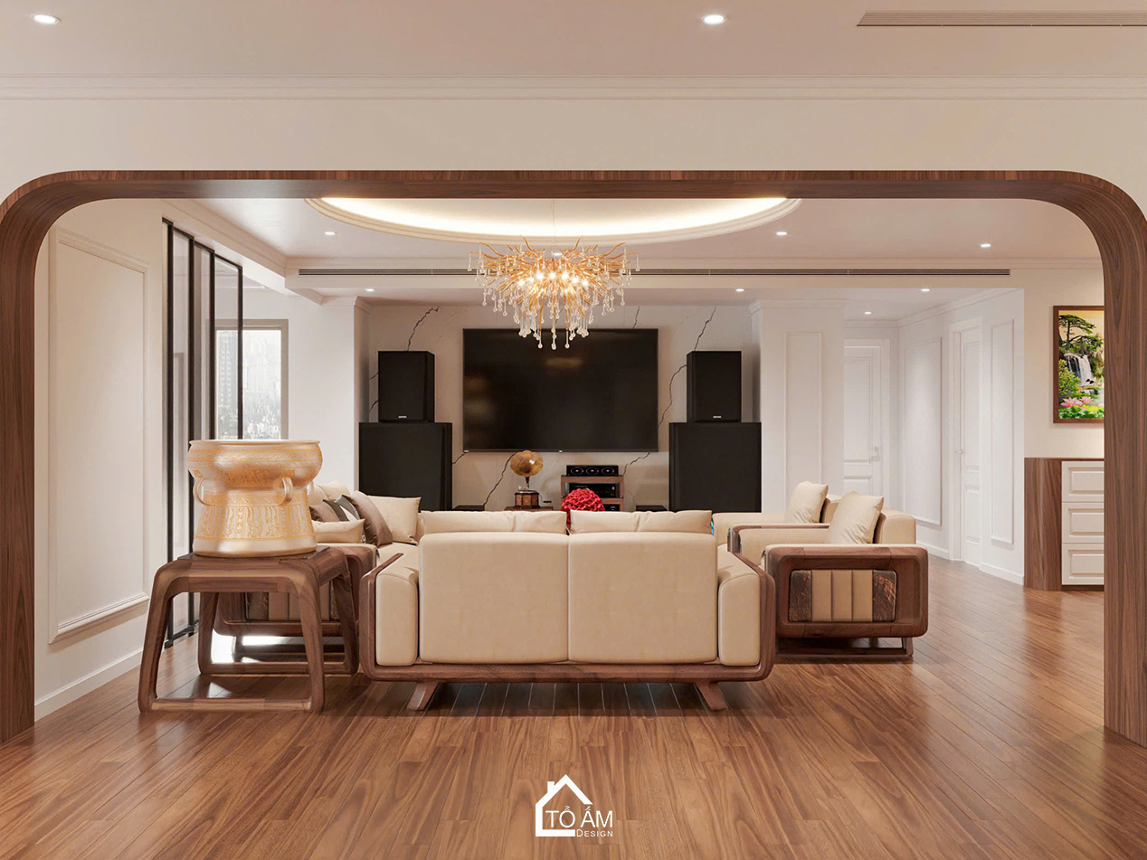 Phòng khách sang trọng, ấm cùng và đầy đủ tiện nghi - Thiết kế 3D chung cư 4 ngủ Mulberry Land - Tổ Ấm Design