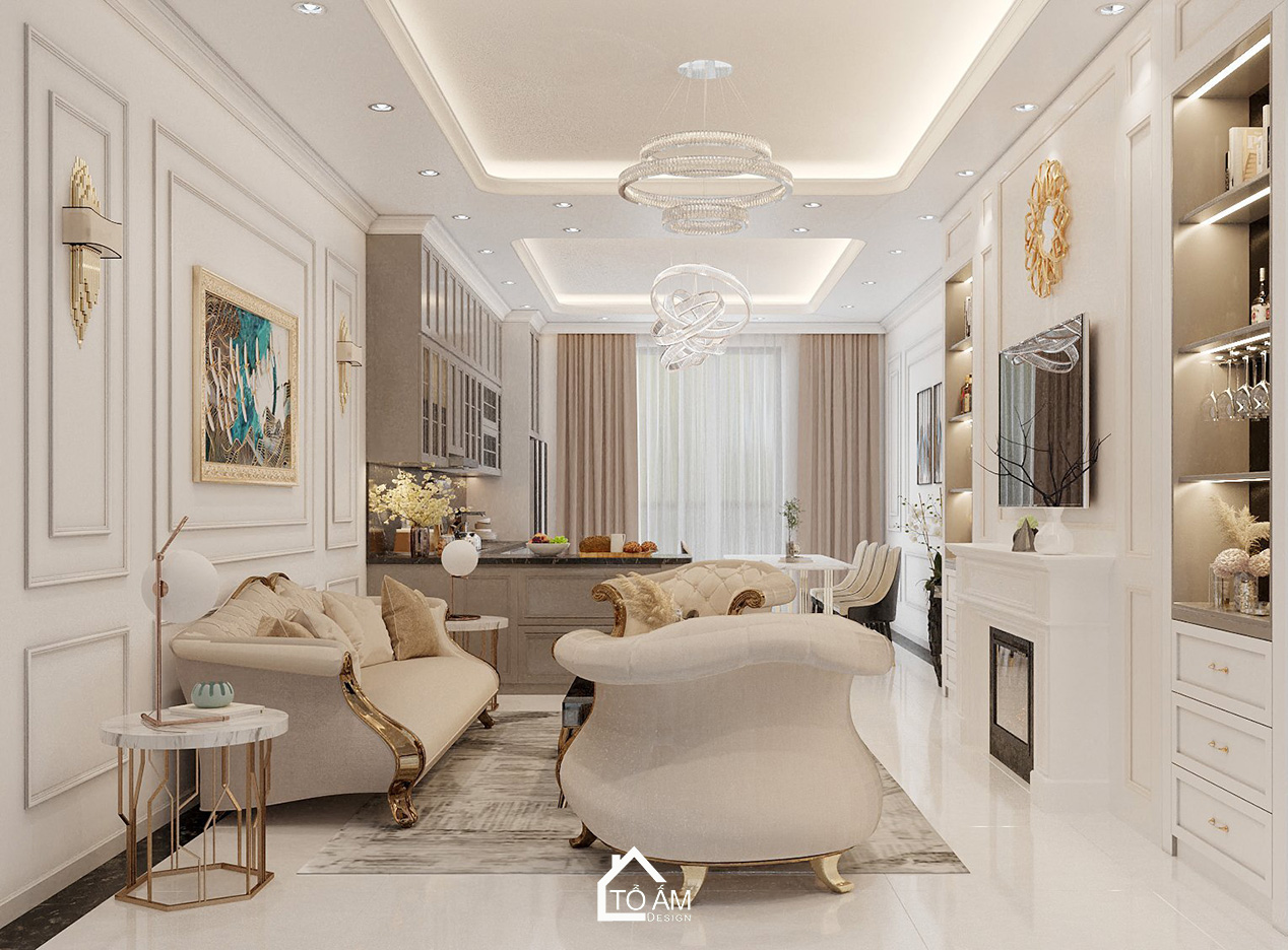 Phòng khách Neo Classic trong thiết kế 3D nhà phố 5 tầng Móng Cái - Tổ Ấm Design