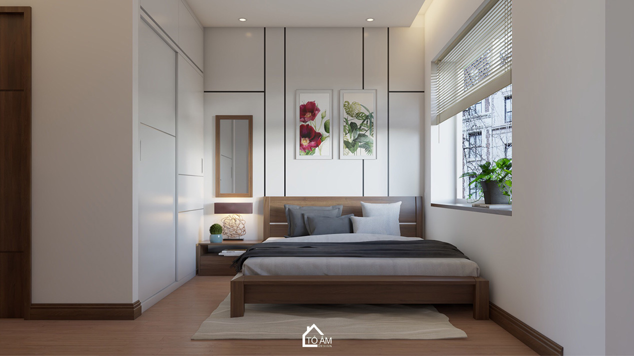 Phòng ngủ master ấm áp với gỗ Óc Chó tự nhiên – Thiết kế 3D chung cư 2 ngủ - Tổ Ấm Design