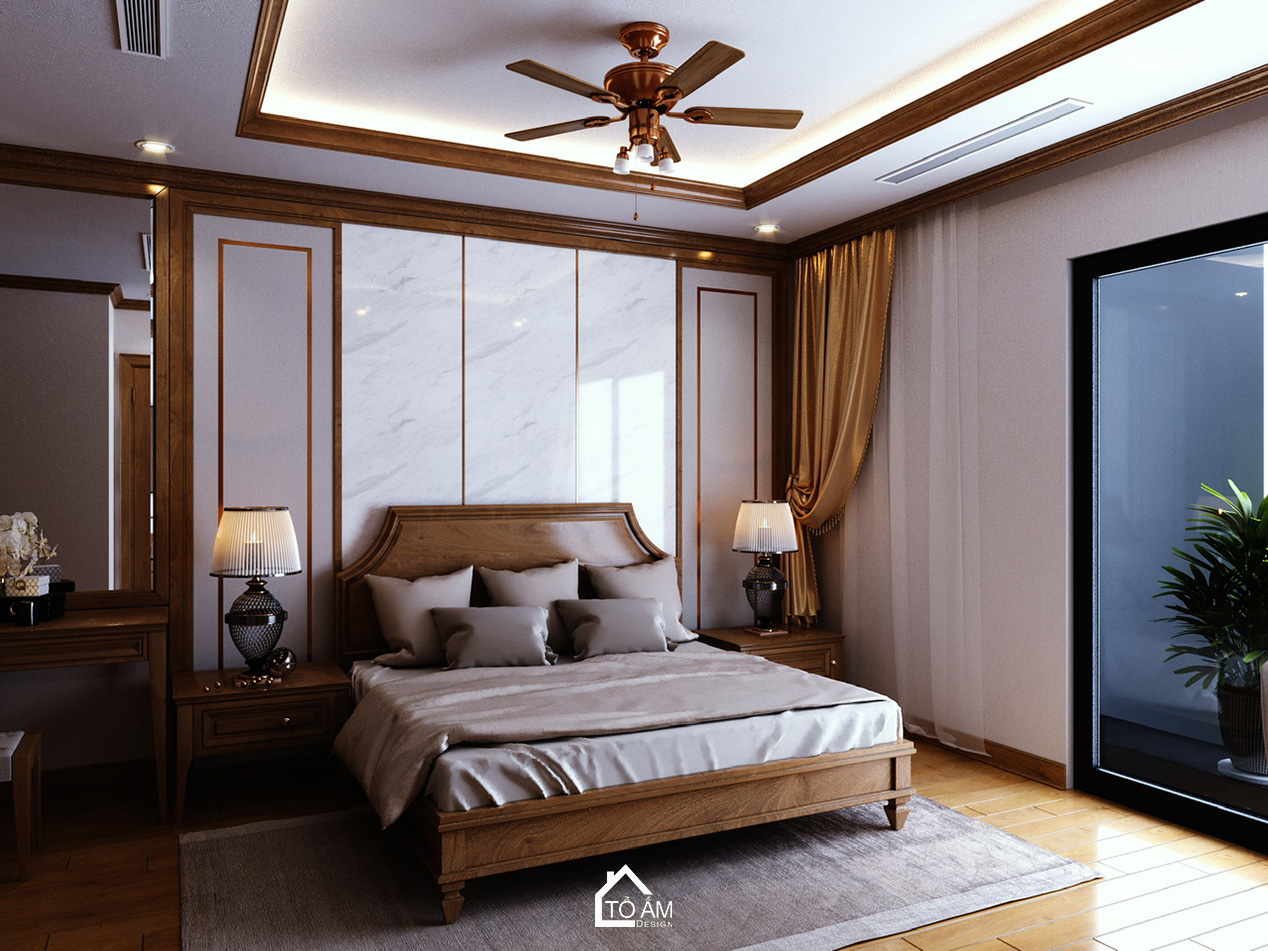 Phòng ngủ master gỗ Gõ Đỏ tự nhiên phong cách tân cổ điển – Thiết kế 3D chung cư 1 ngủ Cầu Giấy - Tổ Ấm Design