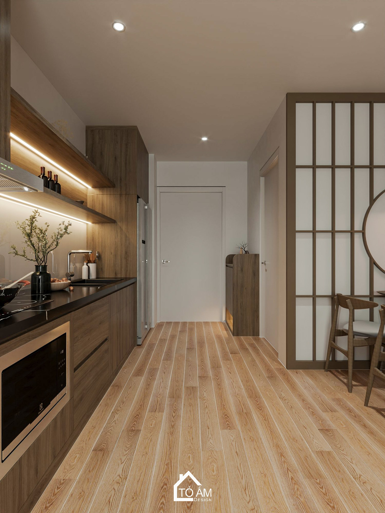 Thiết kế 3D phòng bếp tối giản, tiện nghi phong cách Nhật Eco Park - Thiết kế 3D chung cư 2 ngủ kiểu Nhật Eco Park - Tổ Ấm Design