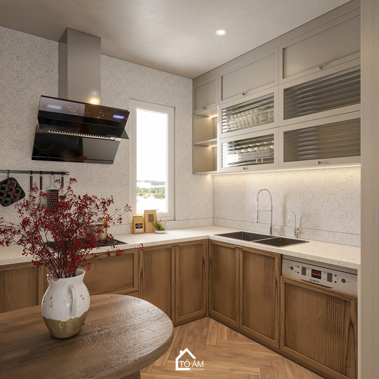 Thiết kế bếp wabisabi ấm cúng, tone nâu - be chung cư 101m2 - Thiết kế 3D chung cư 3 ngủ phong cách Wabisabi – Tổ Ấm Design
