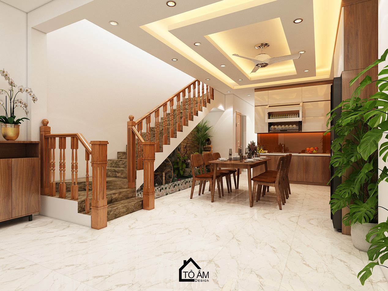 Ảnh 3D thiết kế nhà phố hiện đại tại Thường Tín – Tổ Ấm Design – không gian phòng bếp sang trọng, tinh tế với chất liệu gỗ Óc Chó