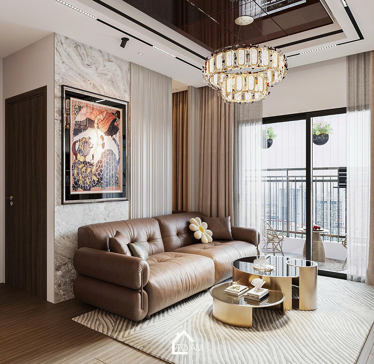 Thiết kế 3D phòng khách – bếp chung cư Ocean Park phong cách Modern Luxury - Thiết kế 3D chung cư 2 ngủ có phòng làm việc Ocean Park - Tổ Ấm Design