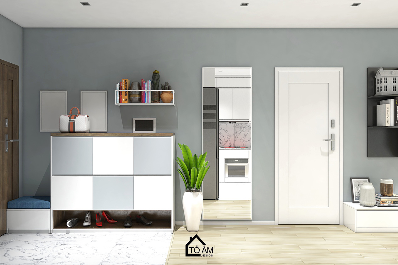 Không gian bếp hiện đại, tủ bếp Melamin và đá Vicostone – Thiết kế 3D chung cư 2 ngủ Hoàng Mai - Tổ Ấm Design