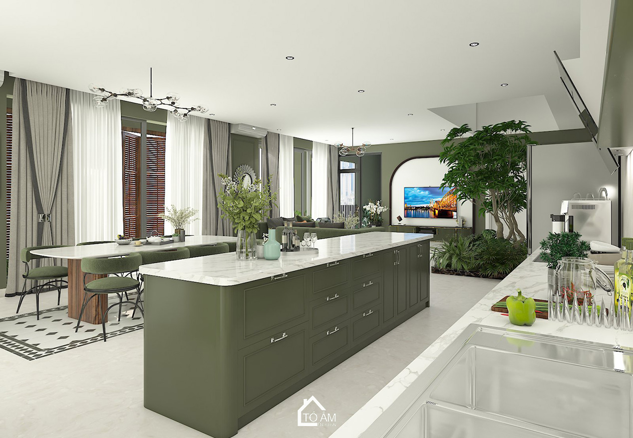 Ảnh 3D phòng khách – bếp phong cách Japandi với tone xanh lá chủ đạo tại Tiên Yên - Tổ Ấm Design