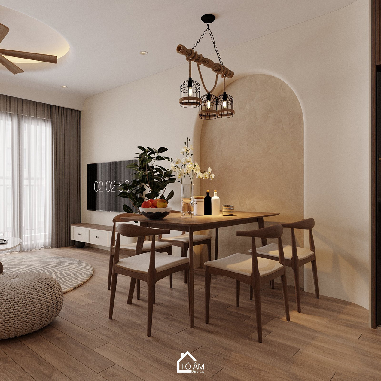 Thiết kế 3D phòng khách bếp nhà phố 6 tầng Hoàng Cầu – phong cách hiện đại Wabisabi, màu gỗ ấm áp - Tổ Ấm Design