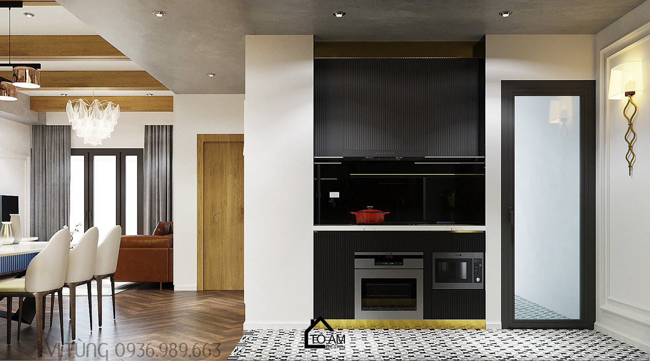 Không gian bếp sang trọng, phối màu đen – vàng ánh kim – Thiết kế 3D chung cư 2 ngủ Times City - Tổ Ấm Design