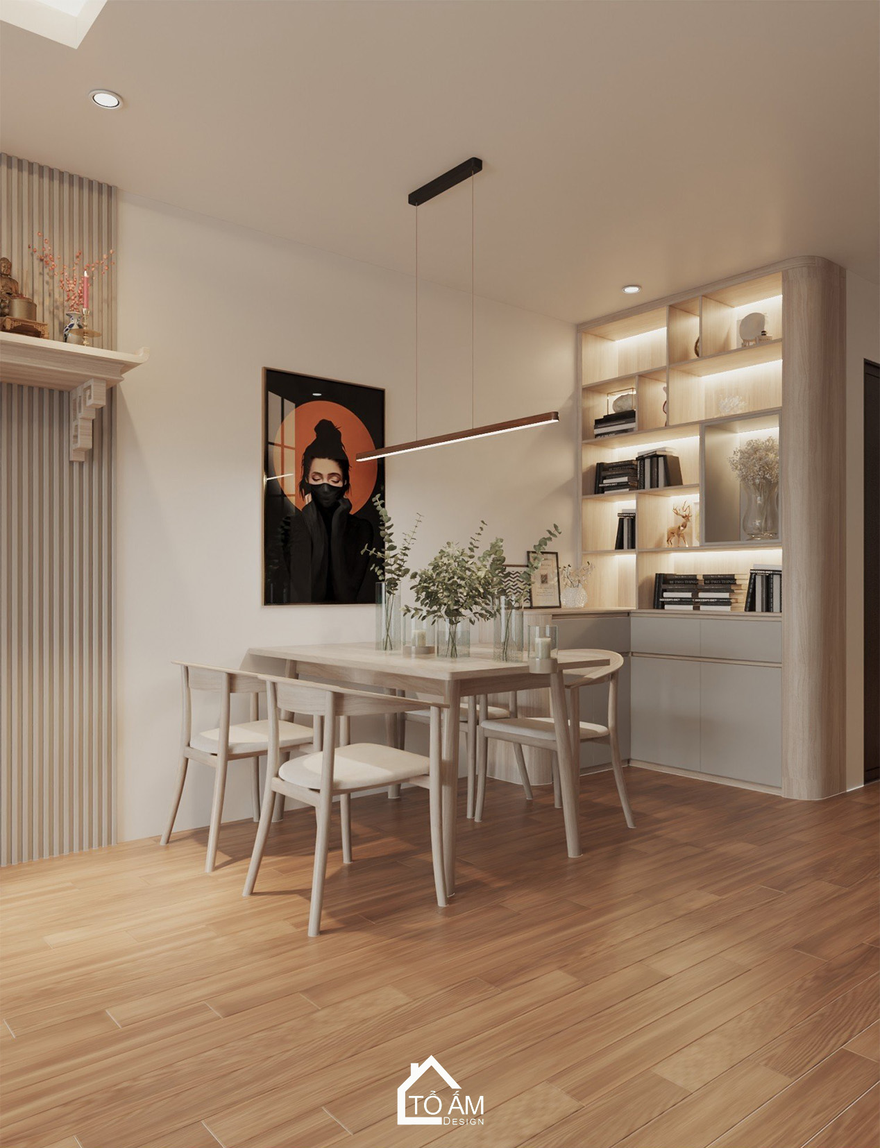 Không gian phòng khách – bàn ăn chung cư 3 ngủ ấm cúng - Thiết kế 3D phòng khách chung cư Ecolake View – Tổ Ấm Design