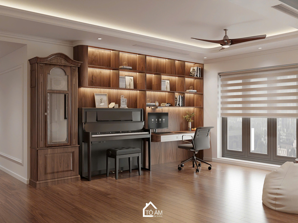 Phòng khách sang trọng, ấm cùng và đầy đủ tiện nghi - Thiết kế 3D chung cư 4 ngủ Mulberry Land - Tổ Ấm Design