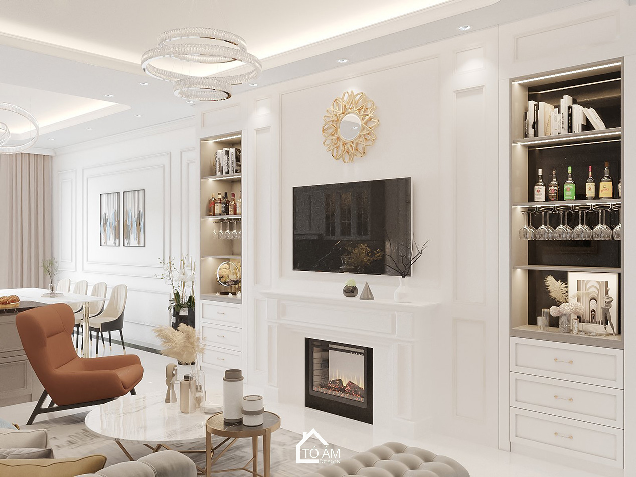 Phòng khách Neo Classic trong thiết kế 3D nhà phố 5 tầng Móng Cái - Tổ Ấm Design