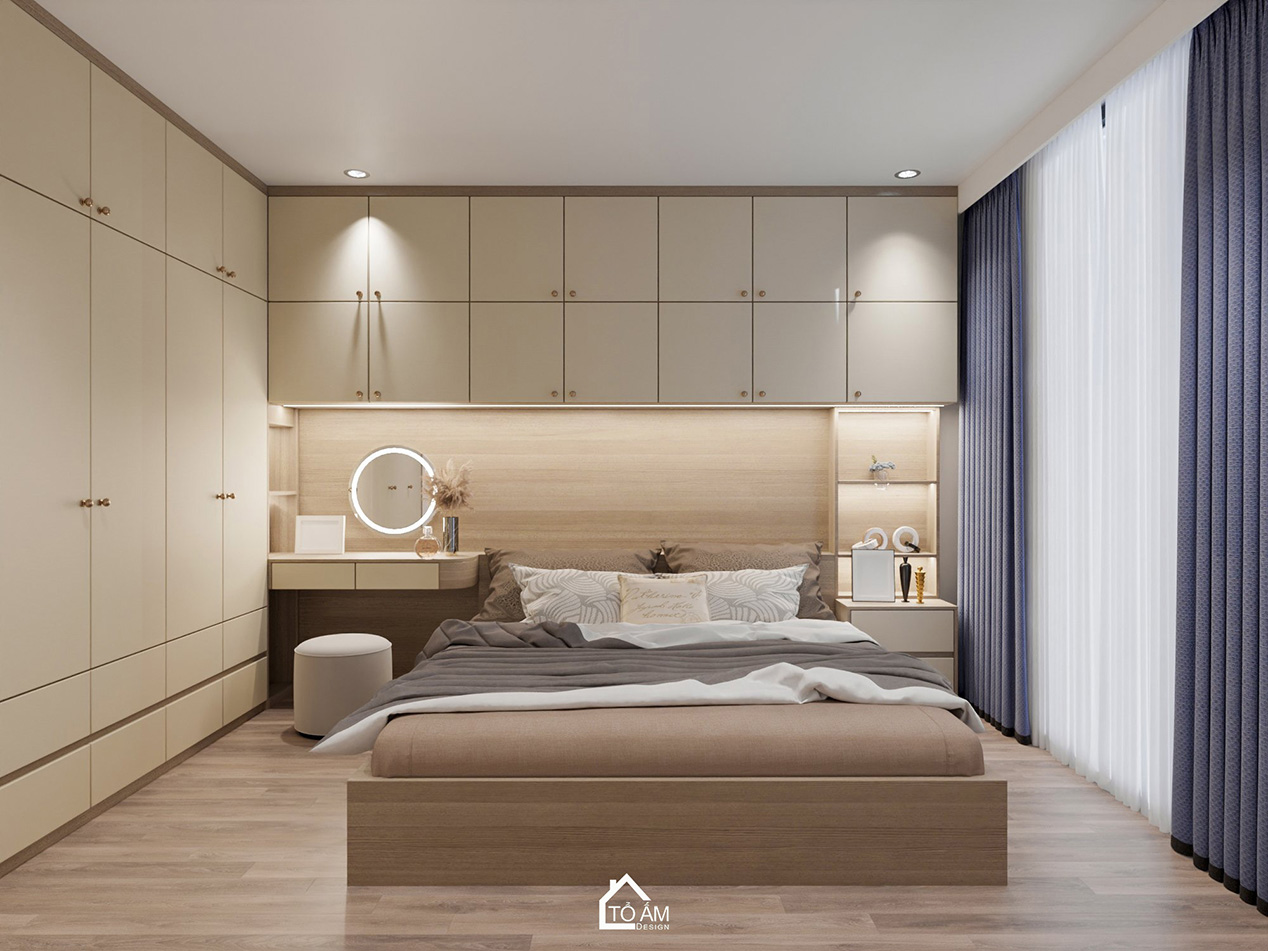 Phòng ngủ Master chữa lành, ấm cúng, nơi tái tạo năng lượng cho chủ nhà - Thiết kế 3D chung cư 2 ngủ chữa lành - Tổ Ấm Design