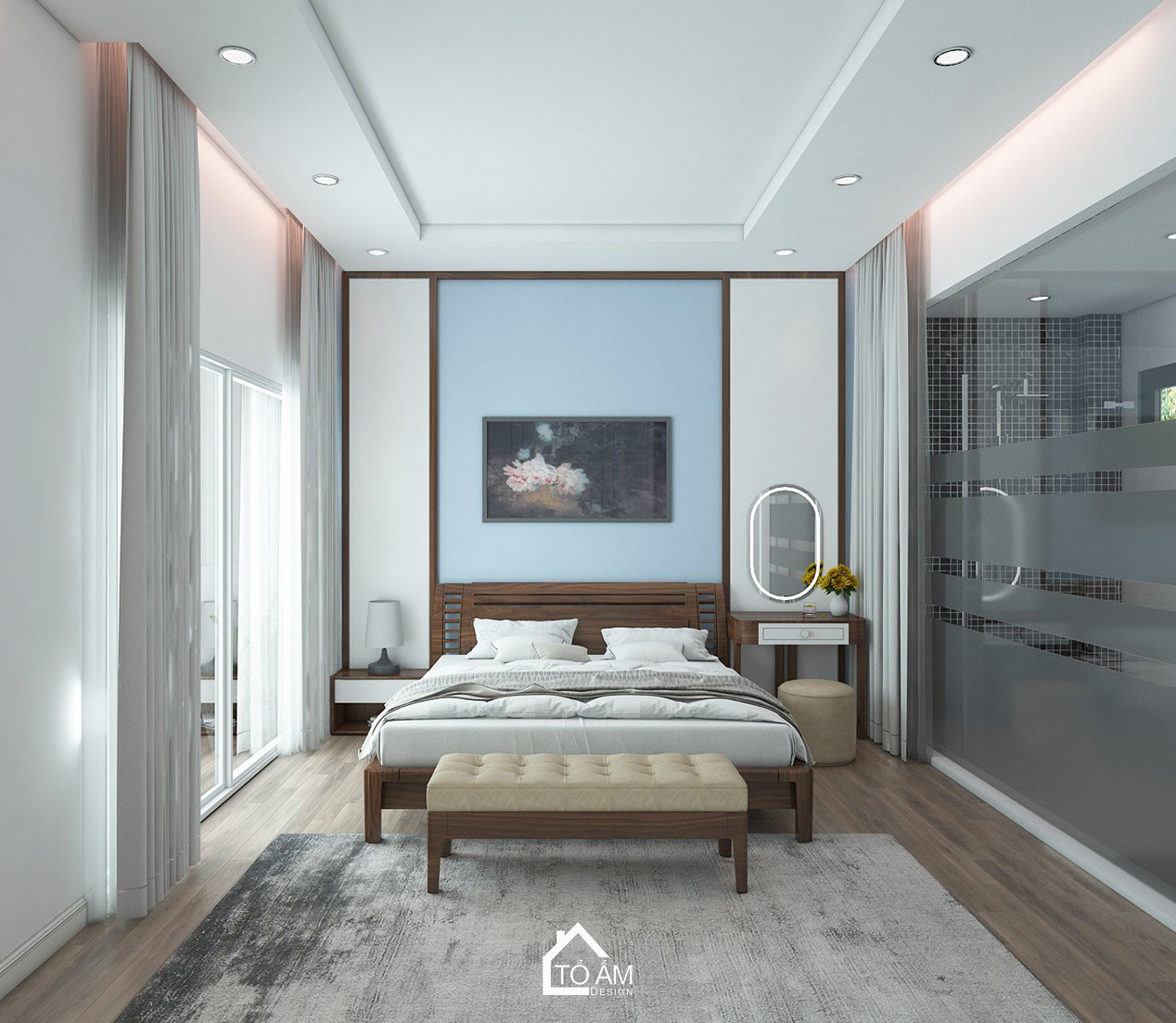 Thiết kế 3D nhà phố liền kề 3 tầng Bắc Ninh – Phòng Ngủ Master hiện đại với gỗ Óc Chó sang trọng do Tổ Ấm Design thực hiện.