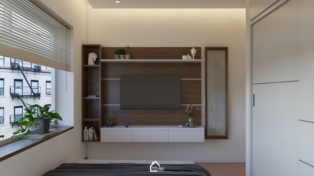 Phòng ngủ master ấm áp với gỗ Óc Chó tự nhiên – Thiết kế 3D chung cư 2 ngủ - Tổ Ấm Design