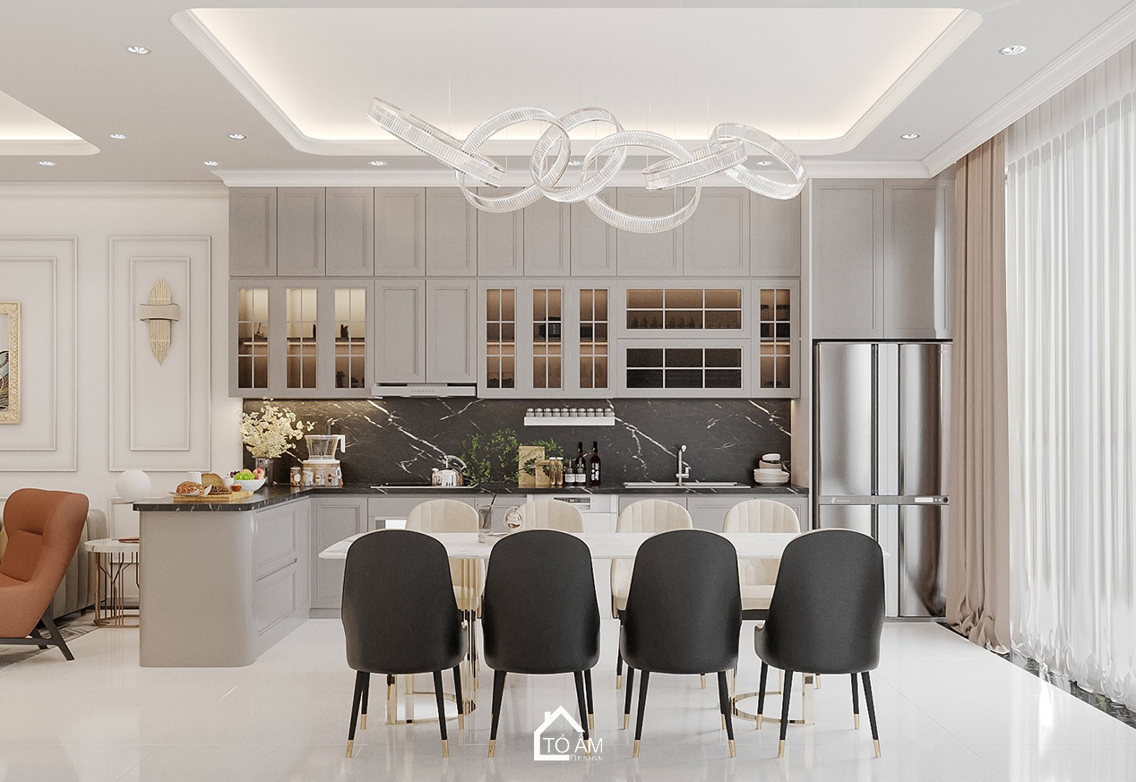 Phòng bếp Neo Classic trong thiết kế 3D nhà phố 5 tầng Móng Cái - Tổ Ấm Design