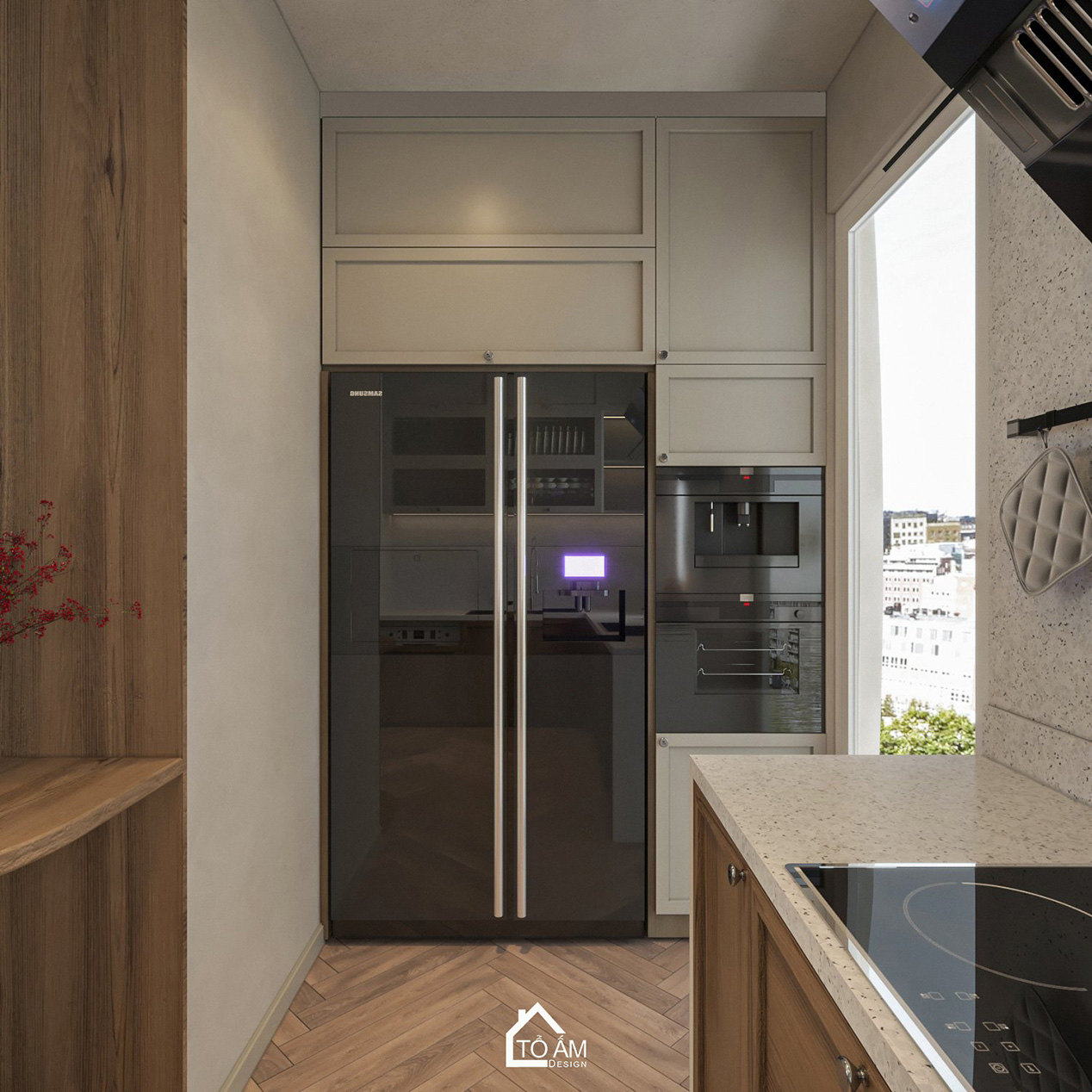 Thiết kế bếp wabisabi ấm cúng, tone nâu - be chung cư 101m2 - Thiết kế 3D chung cư 3 ngủ phong cách Wabisabi – Tổ Ấm Design