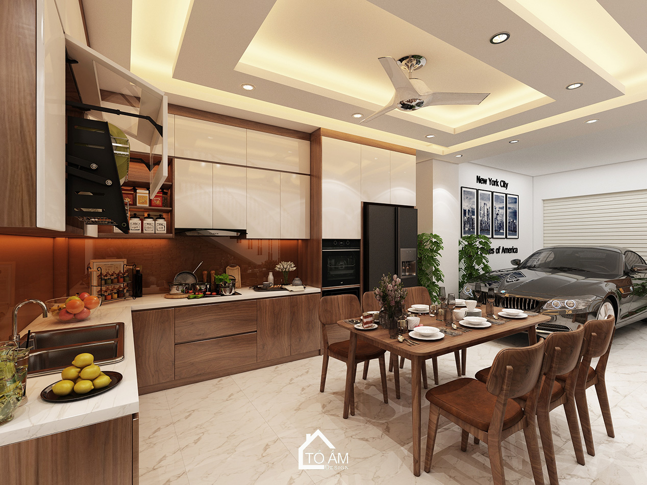 Ảnh 3D thiết kế nhà phố hiện đại tại Thường Tín – Tổ Ấm Design – không gian phòng bếp sang trọng, tinh tế với chất liệu gỗ Óc Chó