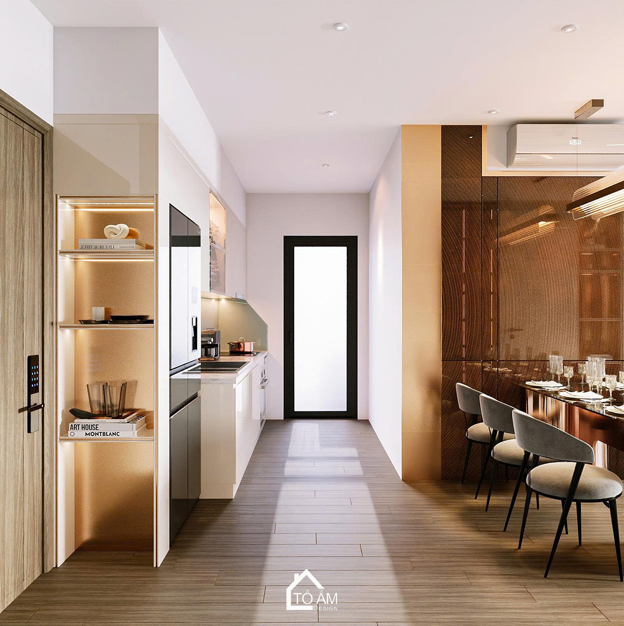 Không gian bếp Acrylic và Melamine căn hộ Ocean Park - Thiết kế 3D chung cư 2 ngủ có phòng làm việc Ocean Park - Tổ Ấm Design