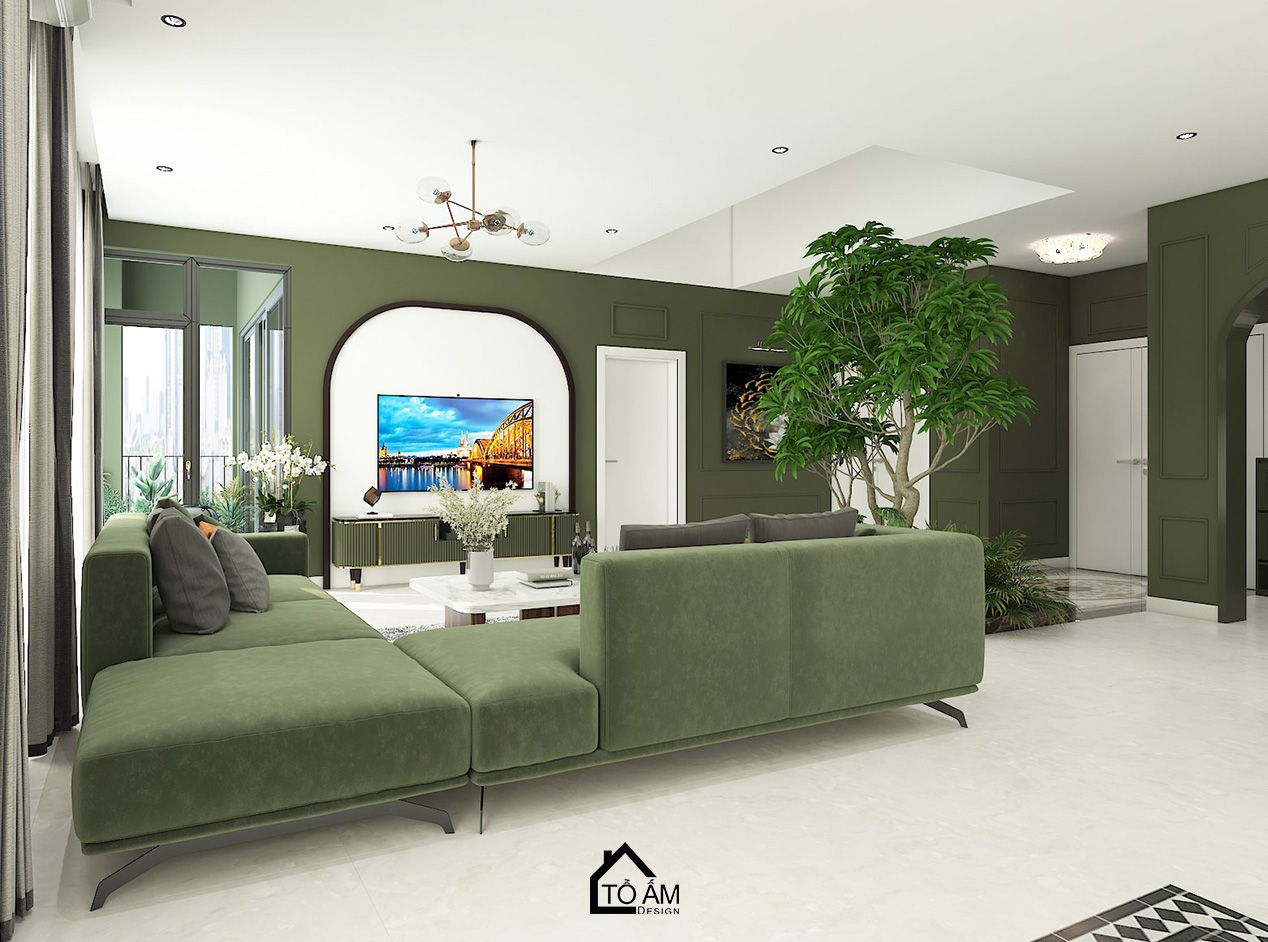 Ảnh 3D phòng khách – bếp phong cách Japandi với tone xanh lá chủ đạo tại Tiên Yên - Tổ Ấm Design