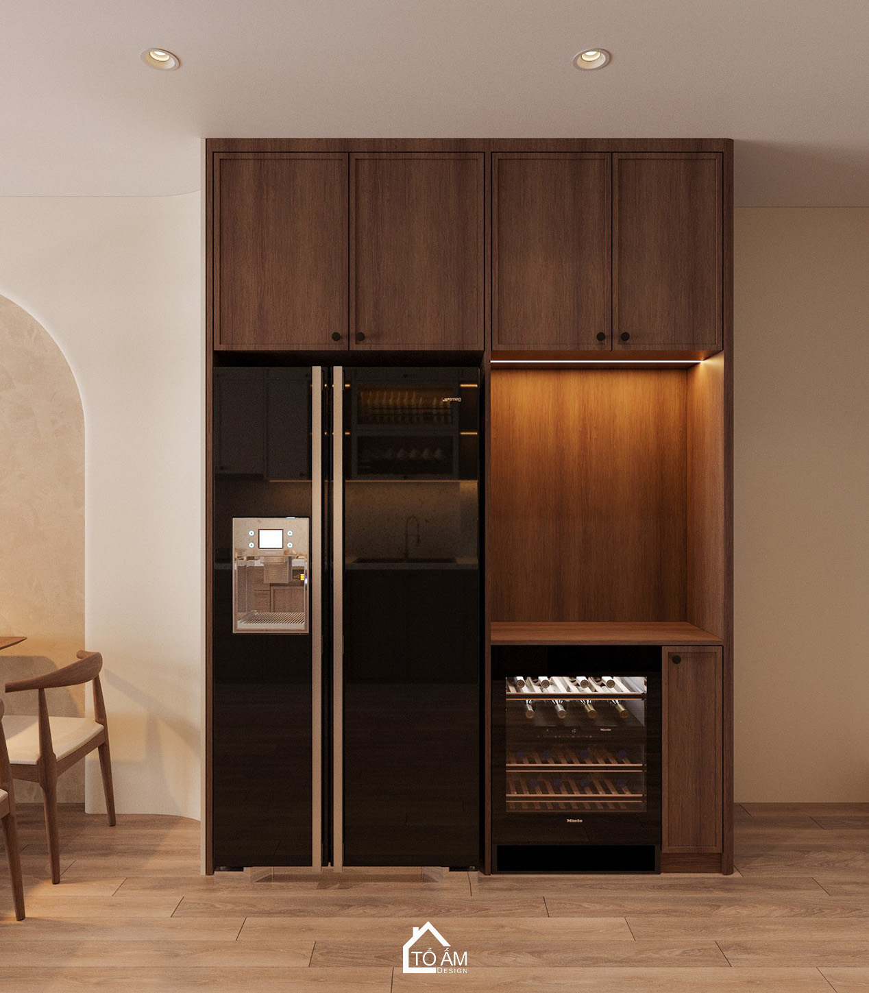 Thiết kế 3D phòng khách bếp nhà phố 6 tầng Hoàng Cầu – phong cách hiện đại Wabisabi, màu gỗ ấm áp - Tổ Ấm Design