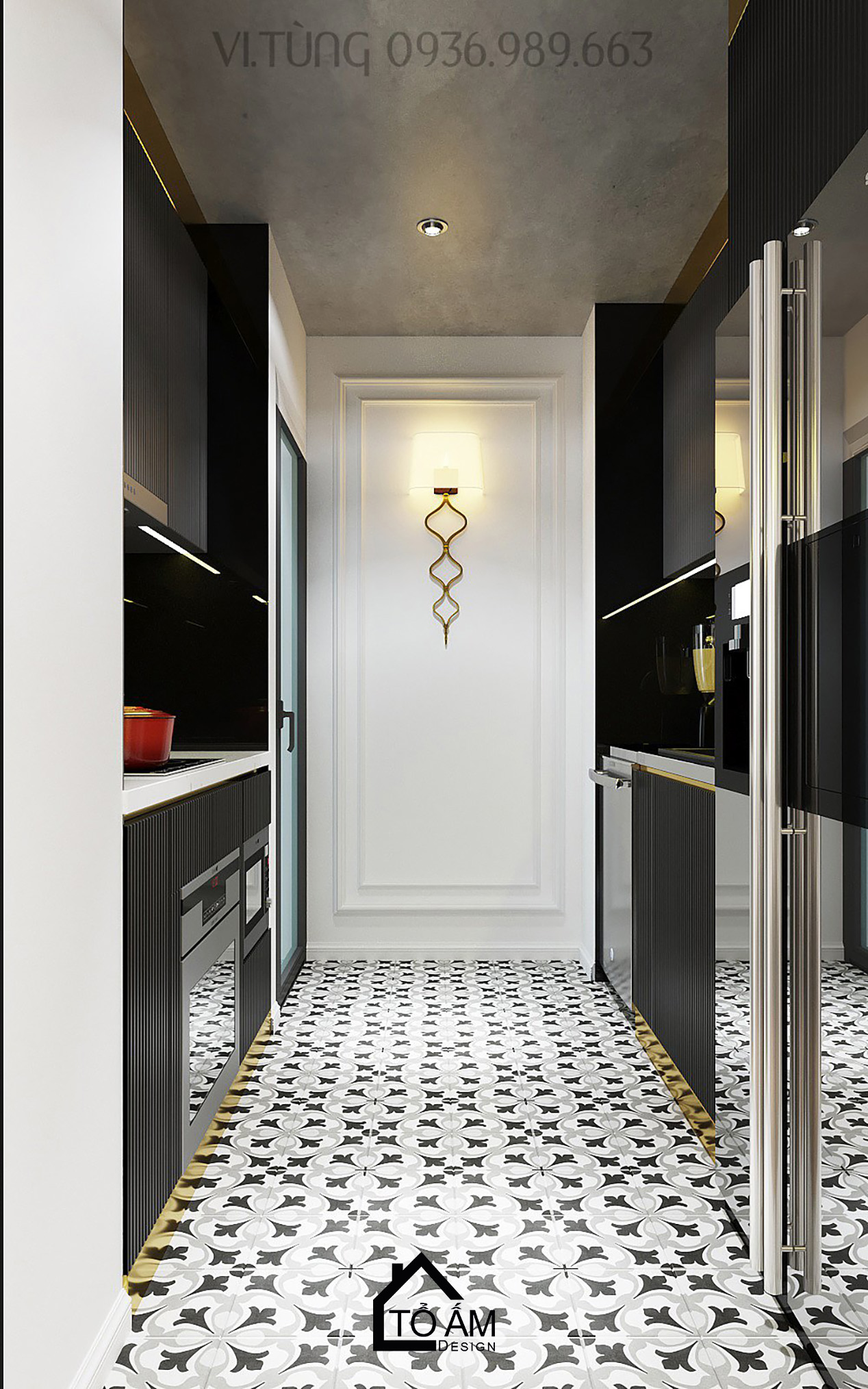 Không gian bếp sang trọng, phối màu đen – vàng ánh kim – Thiết kế 3D chung cư 2 ngủ Times City - Tổ Ấm Design