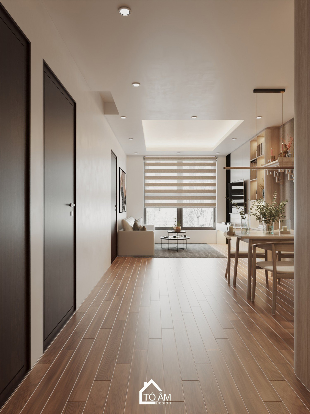 Không gian phòng khách – bàn ăn chung cư 3 ngủ ấm cúng - Thiết kế 3D phòng khách chung cư Ecolake View – Tổ Ấm Design