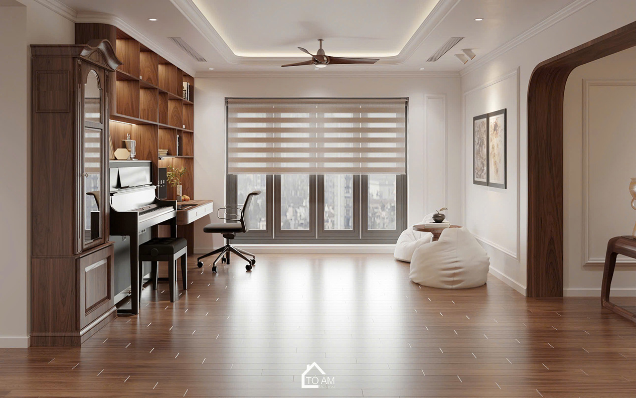 Phòng khách sang trọng, ấm cùng và đầy đủ tiện nghi - Thiết kế 3D chung cư 4 ngủ Mulberry Land - Tổ Ấm Design