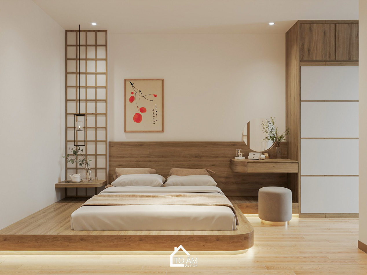Thiết kế 3D phòng ngủ master ấm cúng, chữa lành kiểu Nhật Eco Park - Thiết kế 3D chung cư 2 ngủ kiểu Nhật Eco Park - Tổ Ấm Design