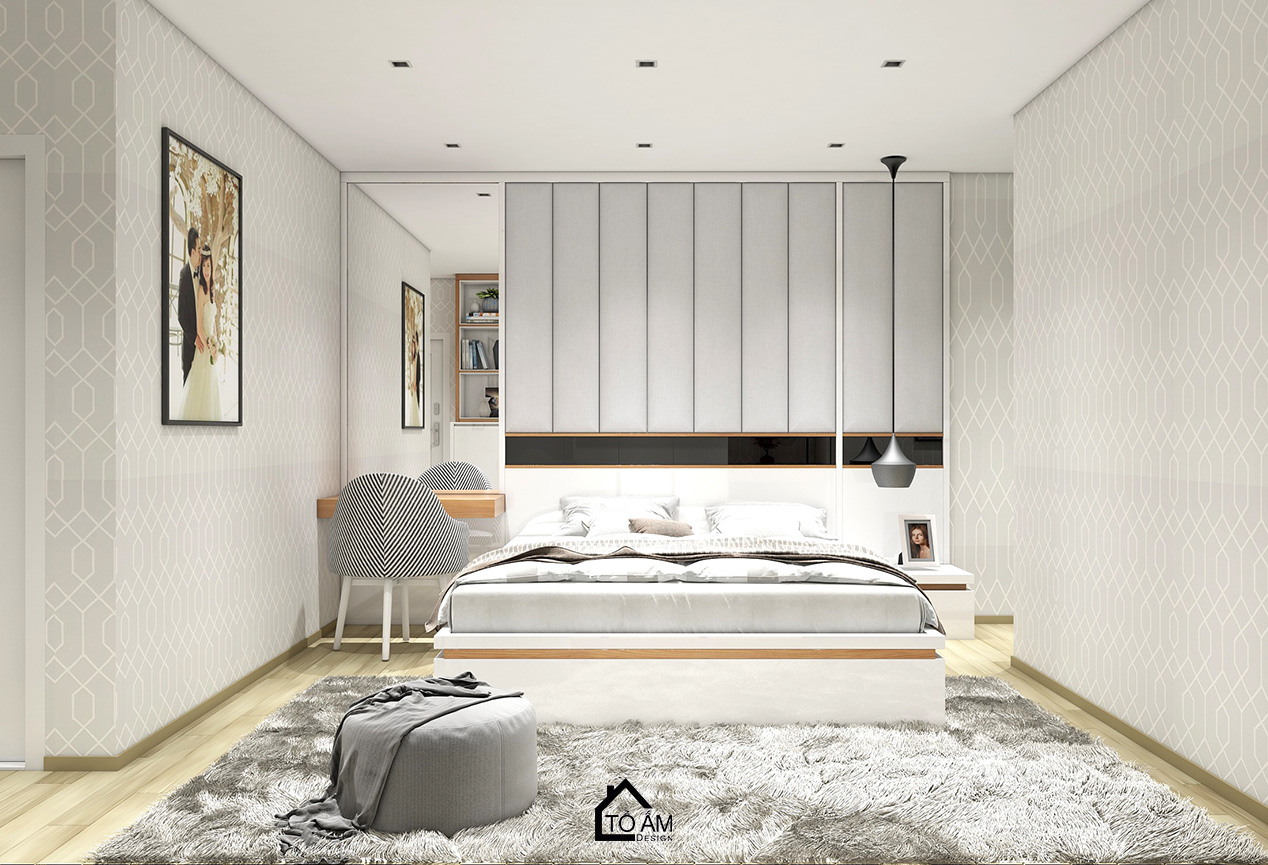 Phòng ngủ master tinh giản, tone trắng – Thiết kế 3D chung cư 2 ngủ Hoàng Mai - Tổ Ấm Design