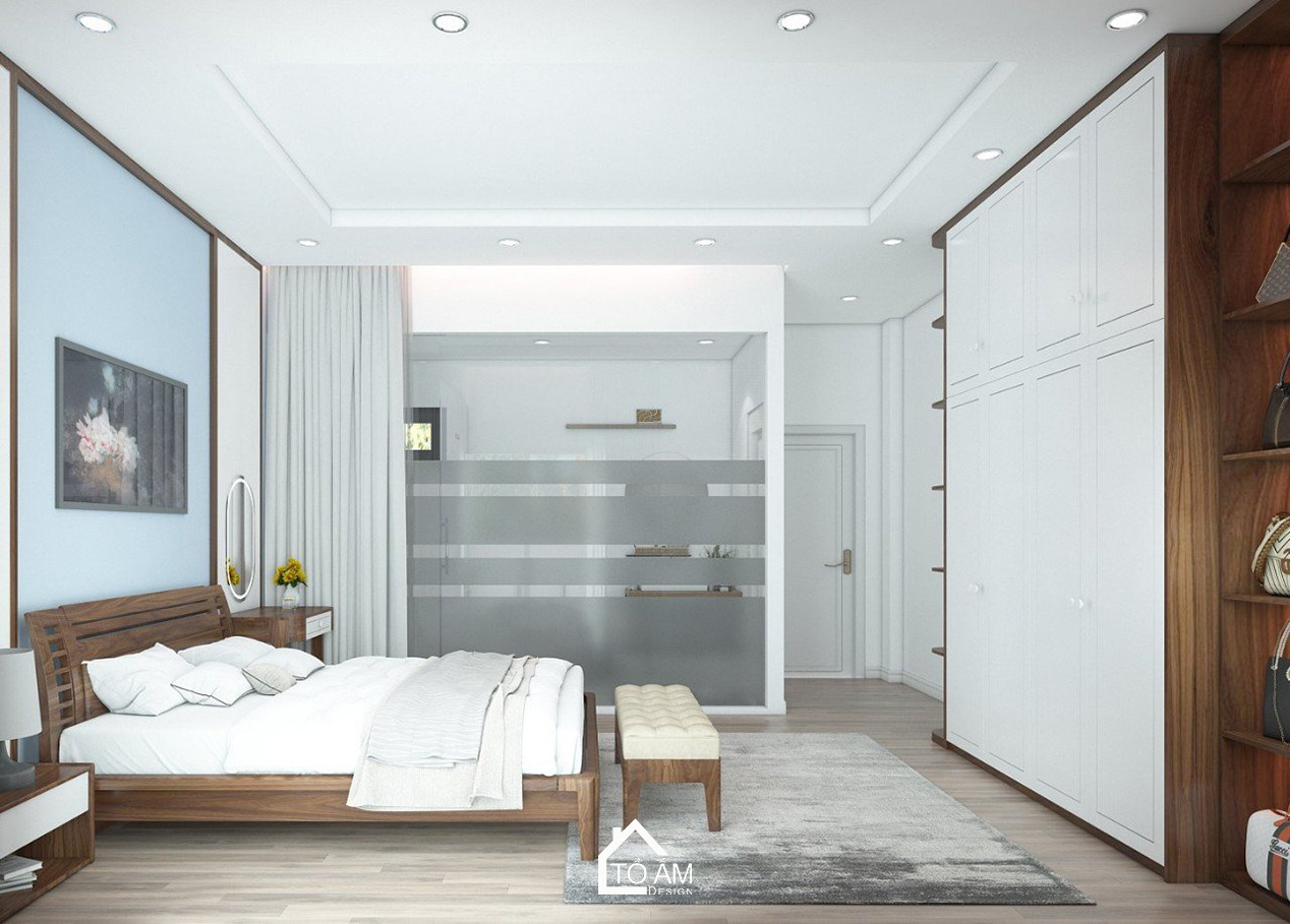 Thiết kế 3D nhà phố liền kề 3 tầng Bắc Ninh – Phòng Ngủ Master hiện đại với gỗ Óc Chó sang trọng do Tổ Ấm Design thực hiện.