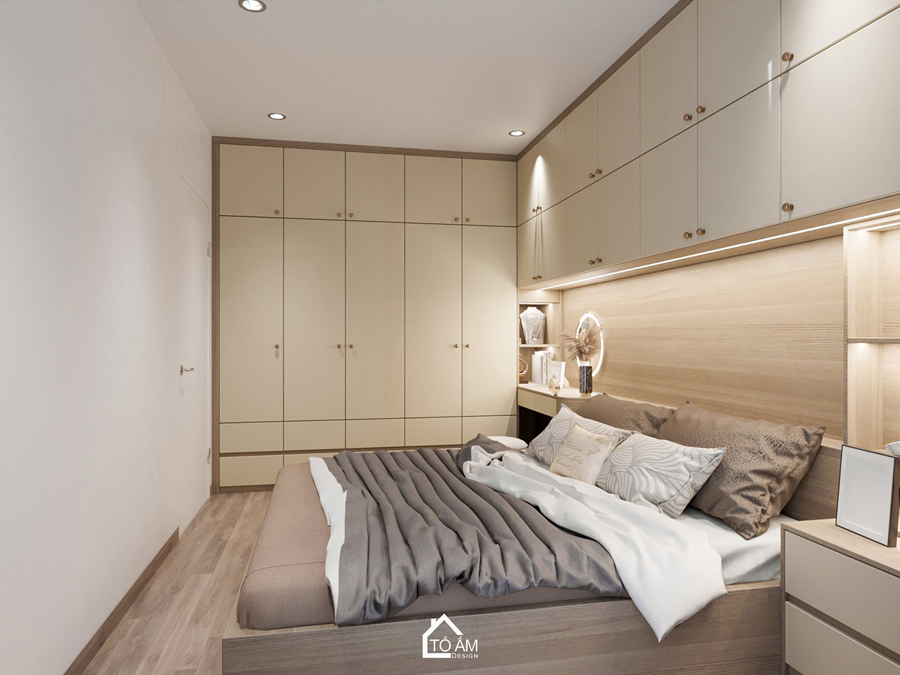 Phòng ngủ Master chữa lành, ấm cúng, nơi tái tạo năng lượng cho chủ nhà - Thiết kế 3D chung cư 2 ngủ chữa lành - Tổ Ấm Design