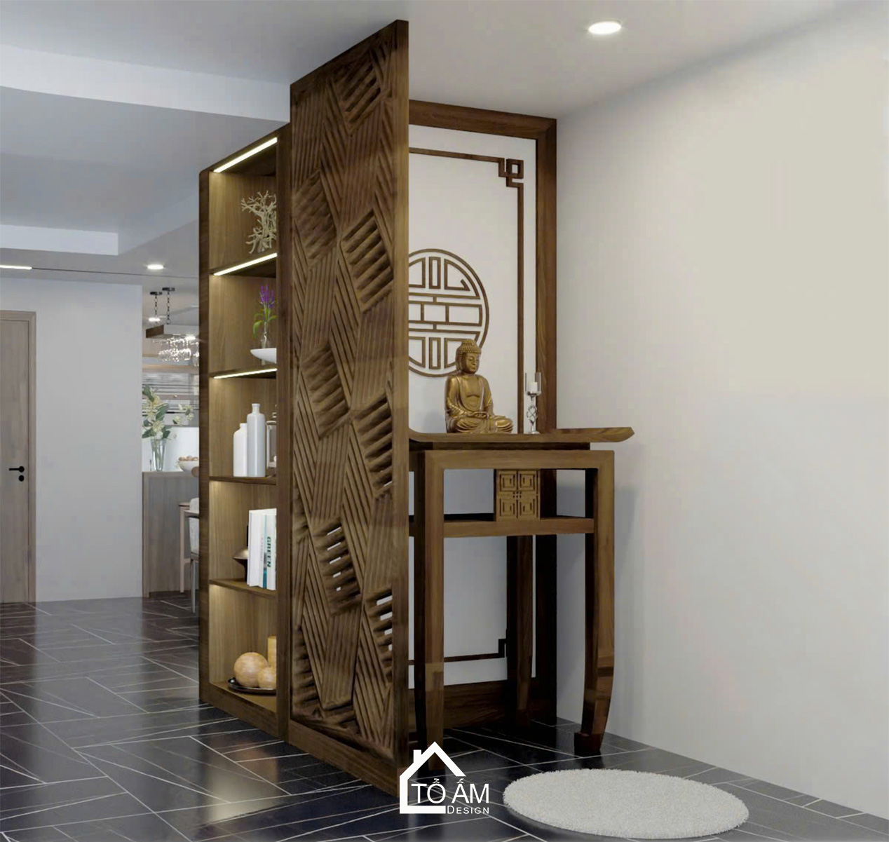 Không gian thờ hiện đại, trang nghiêm – Thiết kế 3D chung cư 2 ngủ Ciputra - Tổ Ấm Design